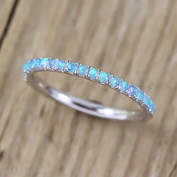 

Blue Opal Eternity Ring Thin Opal Ring Engagement Wedding Band Ring Stacking Rings for Women Promise Jewelry