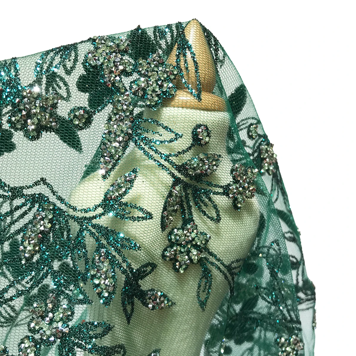

New Arrival Dark Green French Floral Rhinestone Tulle Lace Glitter Glued Fabric African Bridal Crystal For Party Wedding Dresses