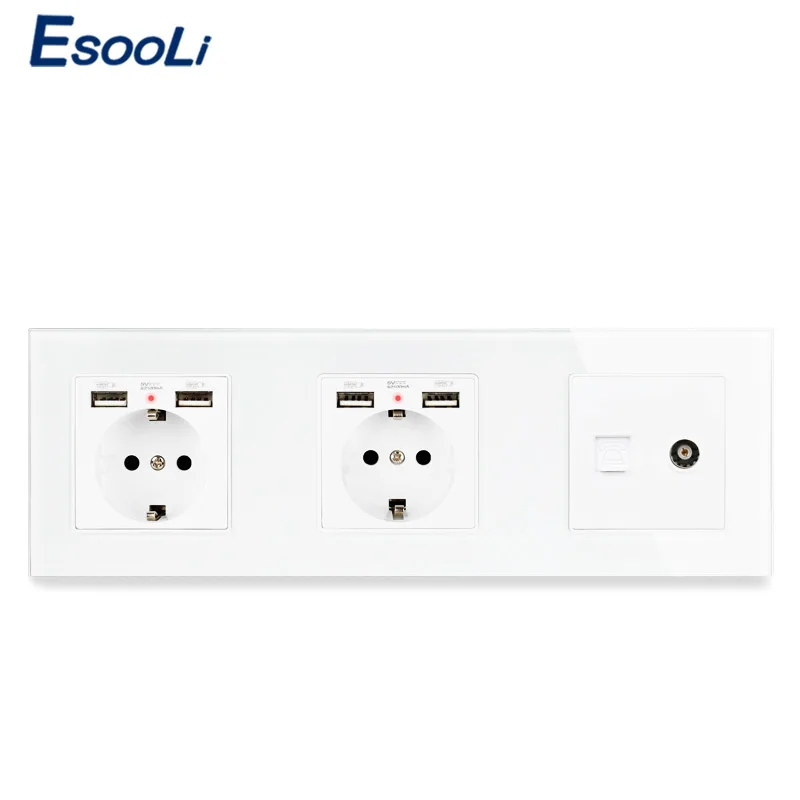 ESOOLI Европейская стандартная черная стеклянная панель двойная розетка с 4 USB