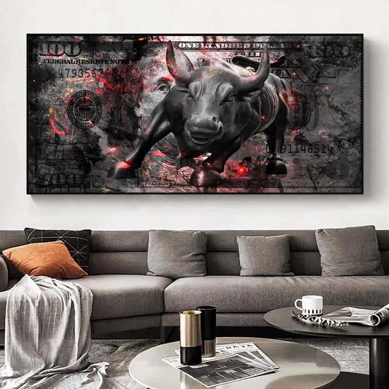 

Ferocious Cow and 100 Dollar Money Canvas Painting Posters and Prints Cuadros Wall Art Picture for Living Room Home Decor