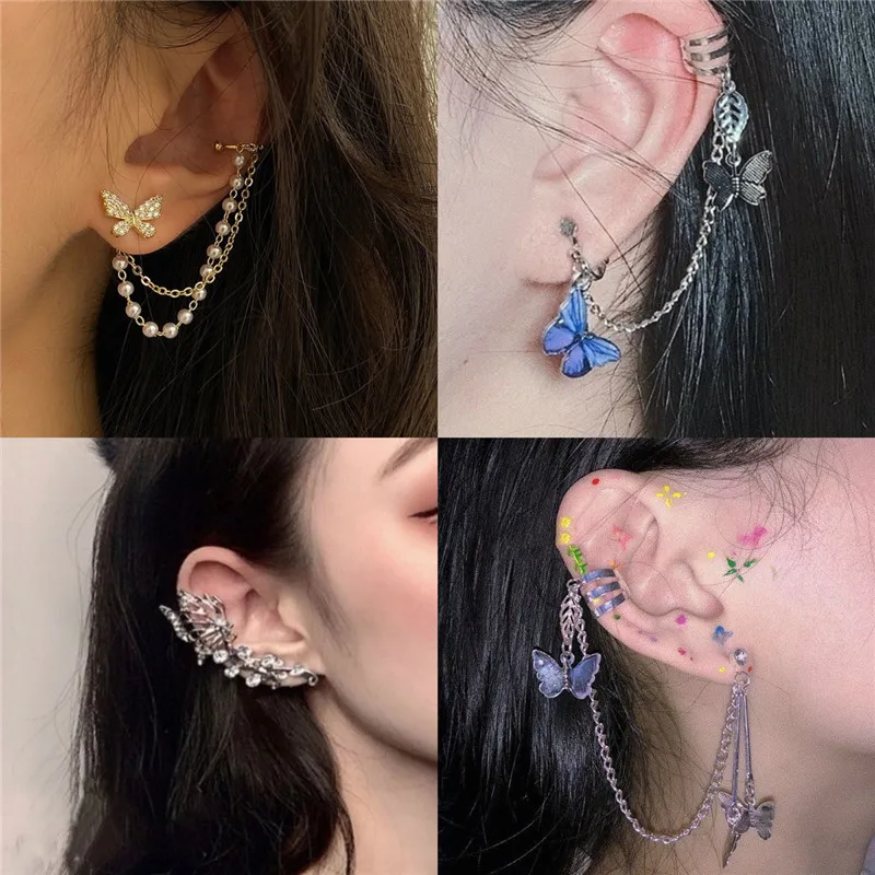Korean Fashion Simple Butterfly Tassel Earrings For Girls Women Piercing Long Earrings 2021 Trend Hanging Metal Ear Cuff Jewelry