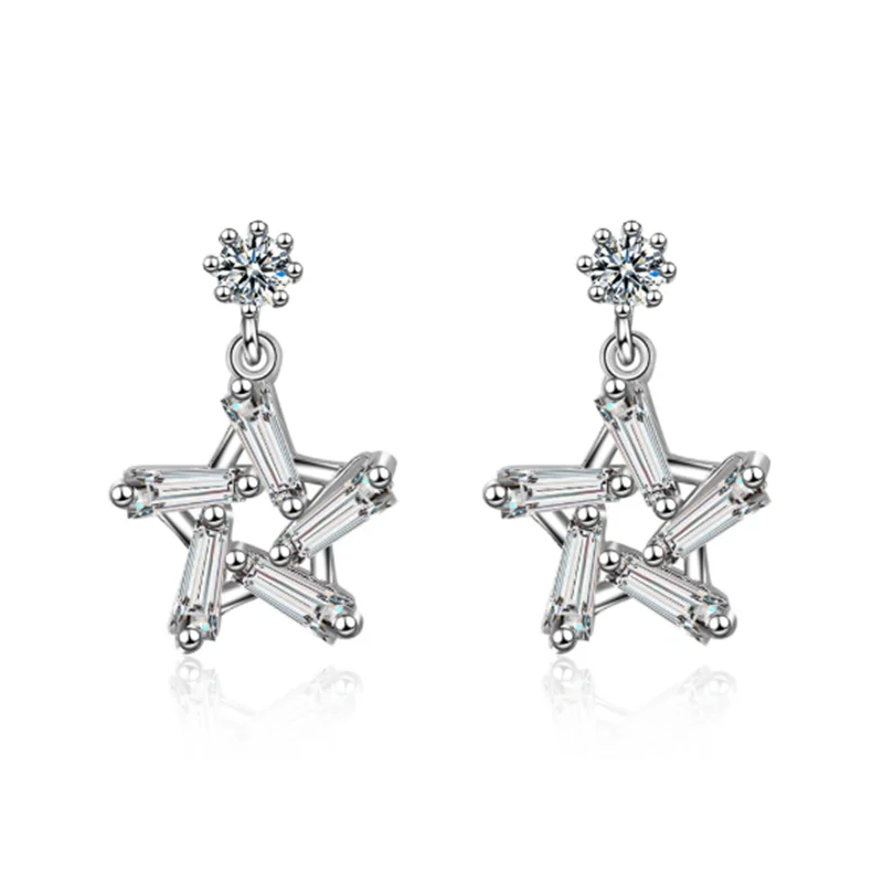 Korean crystal star five-pointed simple personality temperament design sense silver plated stud earrings WE088 | Украшения и