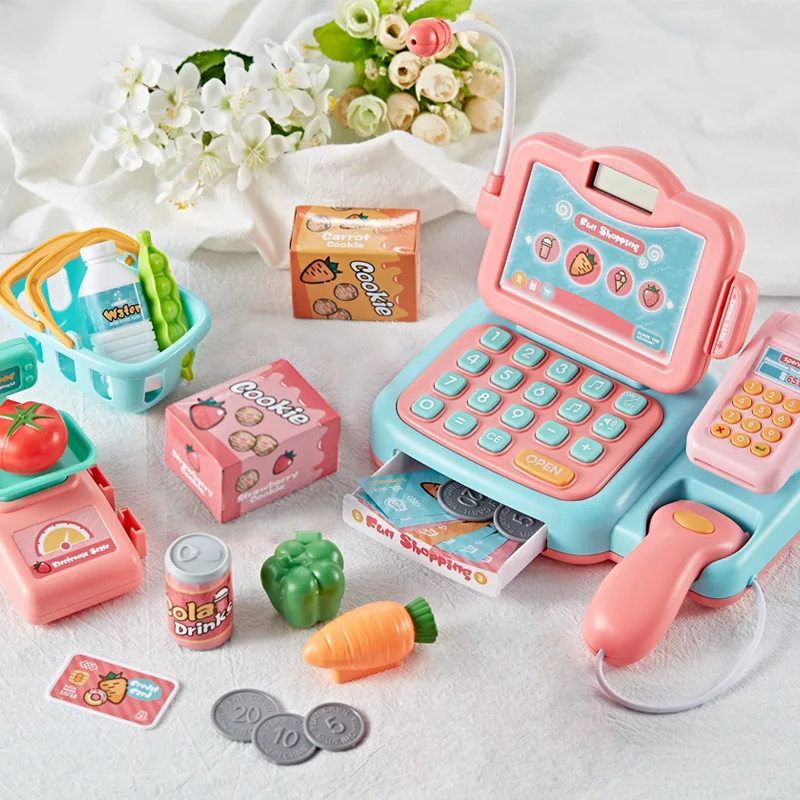 

Baby Supermarket Cash Register Toy Set Children Model Cashier Desk Simulation Card Swiping Scanning Kids Play House