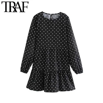 

TRAF Women Vintage Elegant Polka Dot Pleated Mini Dress Fashion O Neck Long Sleeve Office Wear Female Dresses Vestidos Mujer