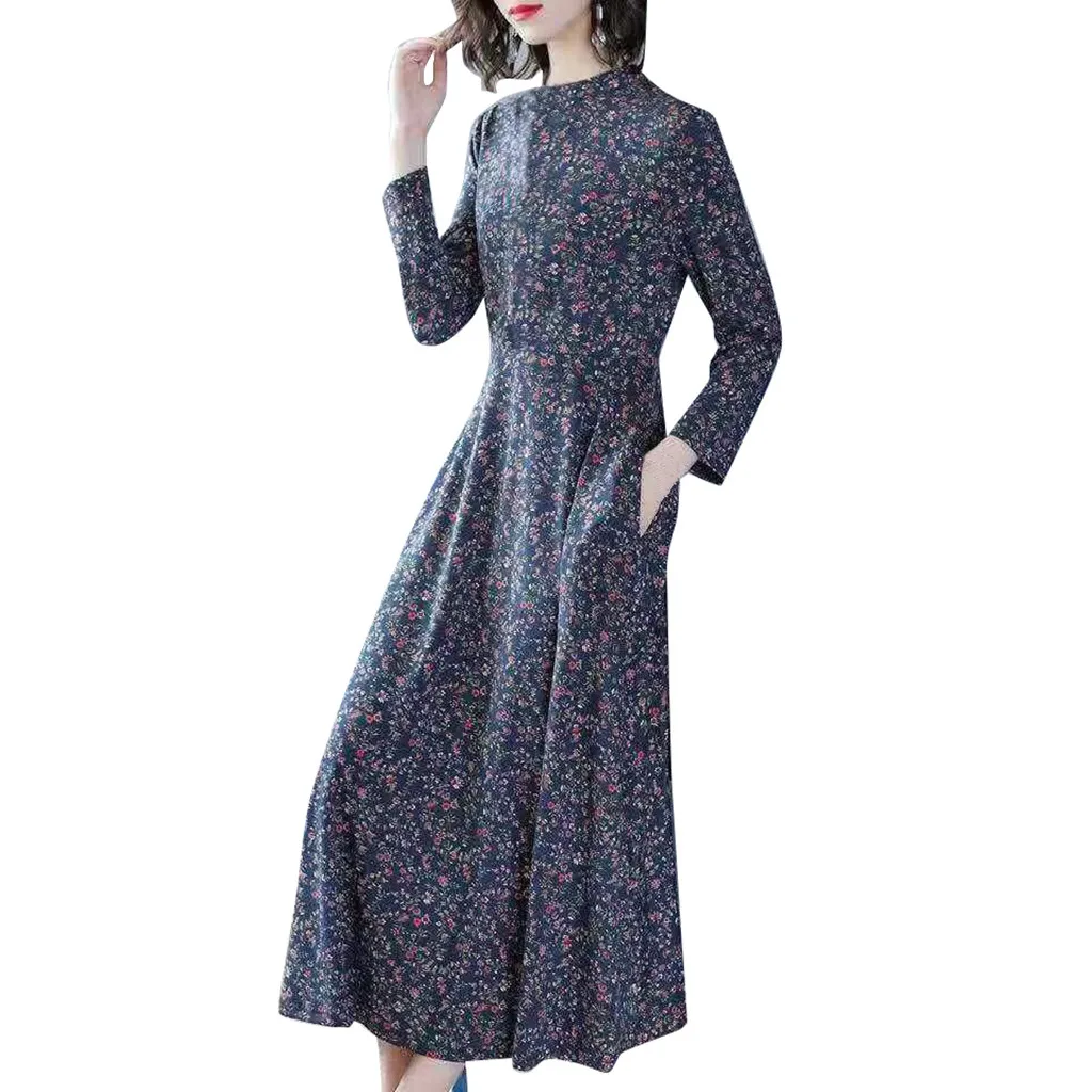 Модное тонкое платье трапециевидной формы для женщин, повседневное осенне-зимнее платье с цветочным принтом и круглым вырезом и длинными рукавами, удобное мягкое платье