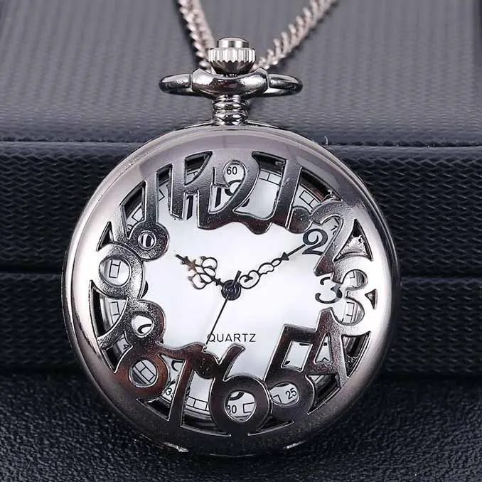 

Design of Fashion Sense Wave for Large Quartz Pocket Watch Black Digital Embossed White Face Necklace Quartz Black HB014