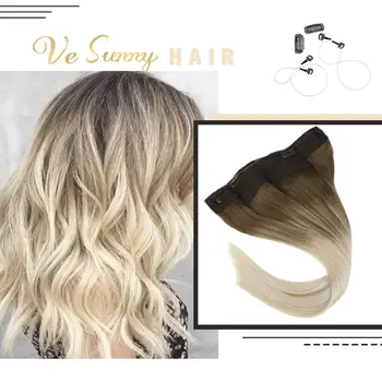 

VeSunny Invisible Halo Hair Extensions Real Human Hair Flip in Wire with 2 Clips on Balayage Ombre Light Brown to Blonde #8a/60