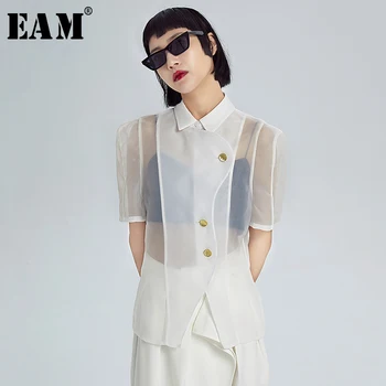 

[EAM] Women White Perspective Thin Mesh Blouse New Lapel Half Sleeve Loose Fit Shirt Fashion Tide Spring Summer 2020 1X655