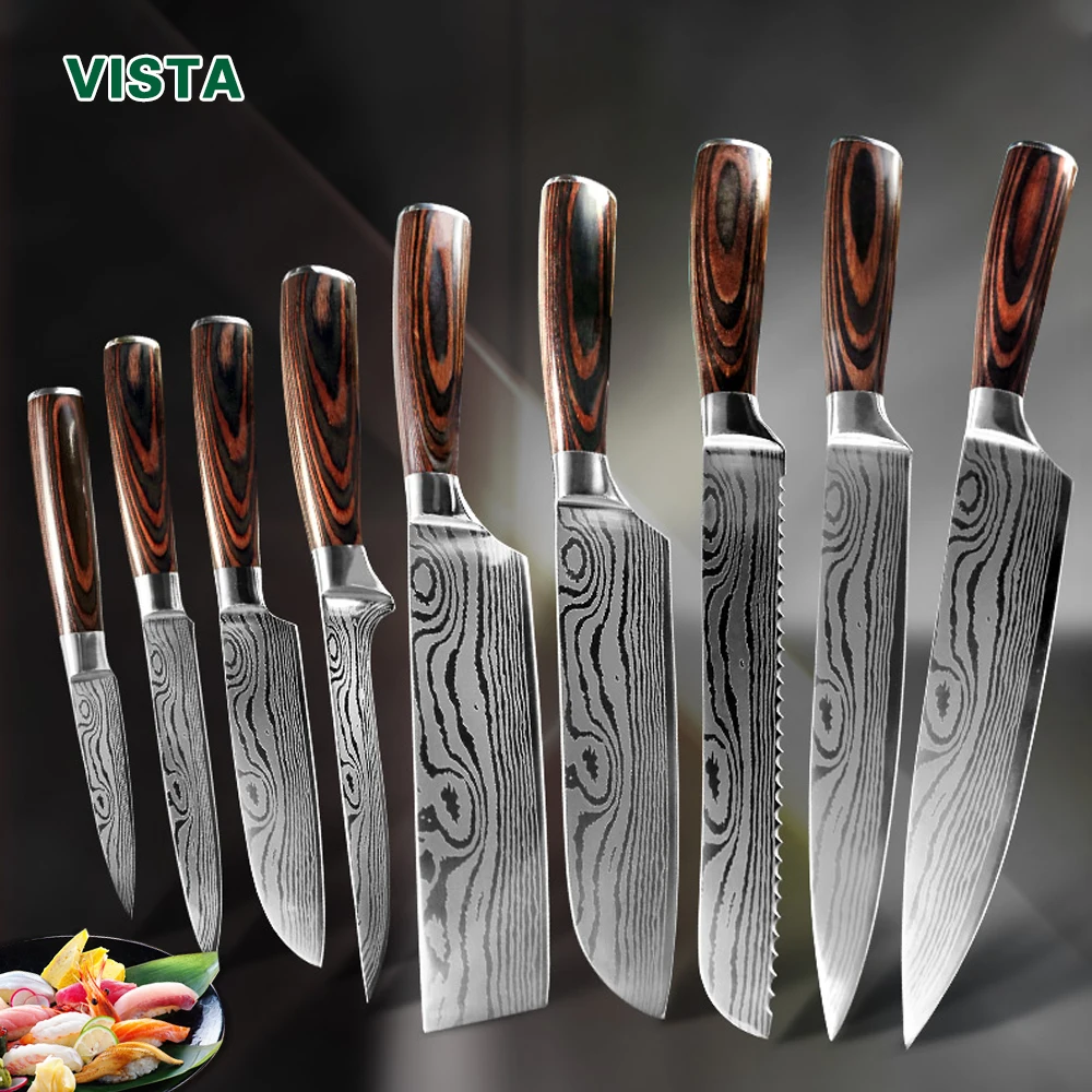 Kitchen Knife 9 set Chef Knives 7CR17 440C High Carbon Stainless Steel Damascus Drawing Gyuto Cleaver Set Slicer Santoku Knife