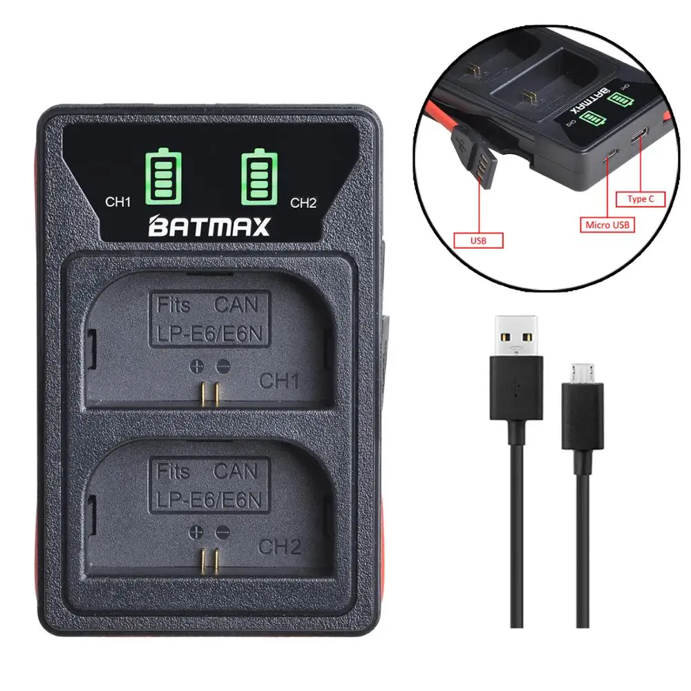 Batmax cargador Dual LED LP E6 LPE6 E6N, con puerto tipo C y Cable USB