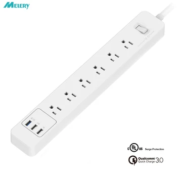 

USB Power Strip Surge Protector 3/4/5/6 AC Outlets Sockets US Plug 3 QC3.0 Fast/Rapid/Quick Charger with 1.5m Extension Cord