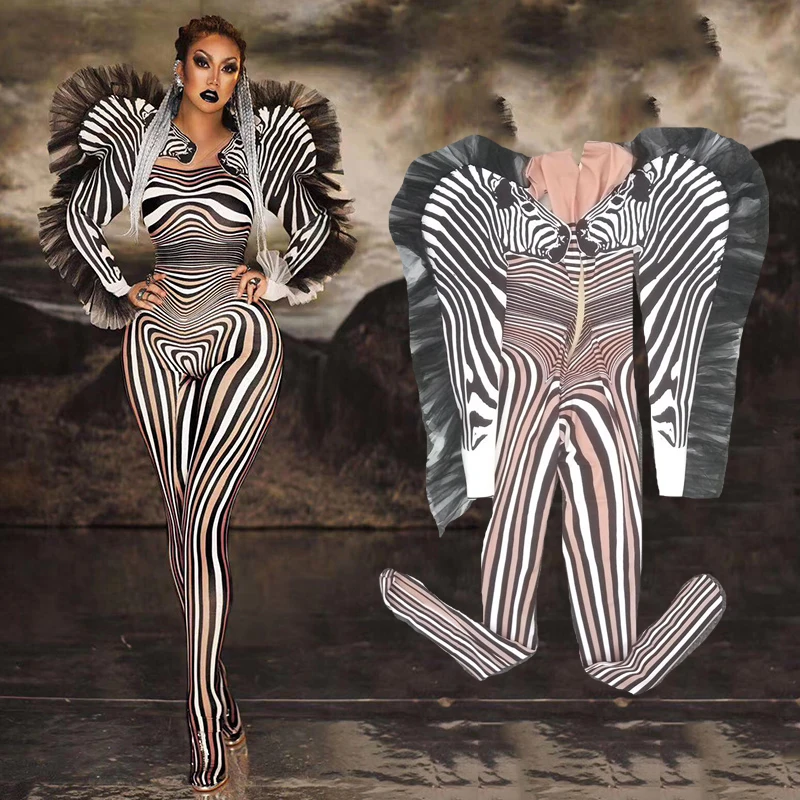 

New Fashion Zebra Pattern Jumpsuit Women Singer Sexy Stage Outfit Bar DS Dance Cosplay Bodysuit Performance Show Costume