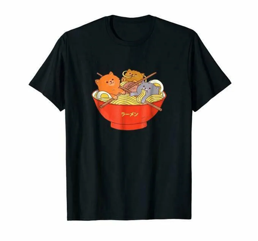 Kawaii аниме кошка рубашка Японская надпись Ramen noodles Подарочная футболка летние топы