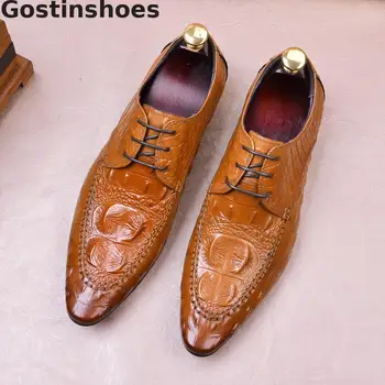 

Men Formal Derby Shoes Black Brown Genuine Leather Crocodile Printed Lace-up Leather Shoes Pointed Office Shoes Wedding Party