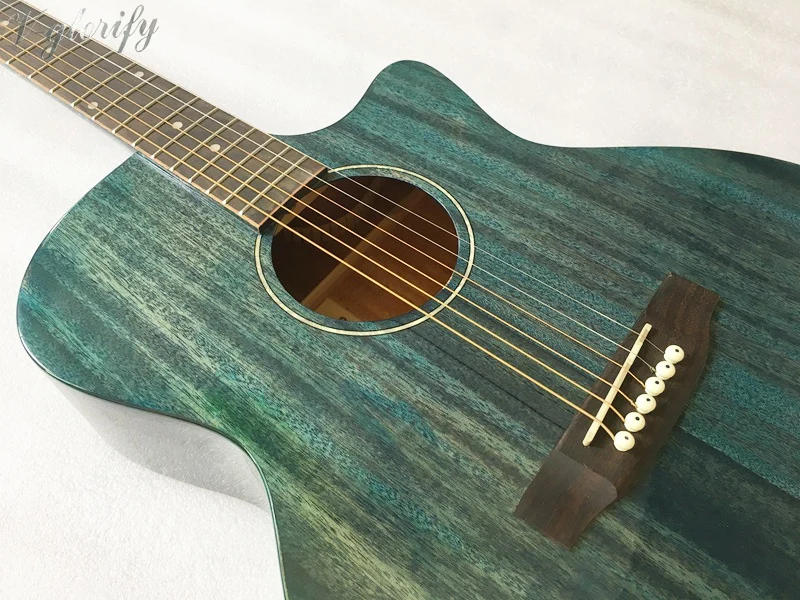 Ручная полировка 40 дюймов винтажная синяя акустическая гитара с высоким блеском 6 струн 20 ладов cutway дизайн народная гитара чехол