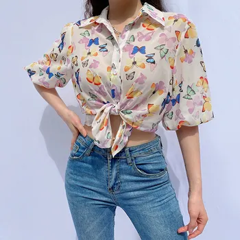 

Korean Butterfly Print Lace Up Shirt Women Loose Short Sleeve Sunscreen Shirts Female 2020 Summer New Streetwear Ladies Tops