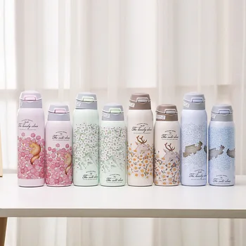 

10pcs Portable 350ml 450ml Insulated Water Bottle Flower Insulated Straw Cup Stainless Steel Straight Cups WB1562