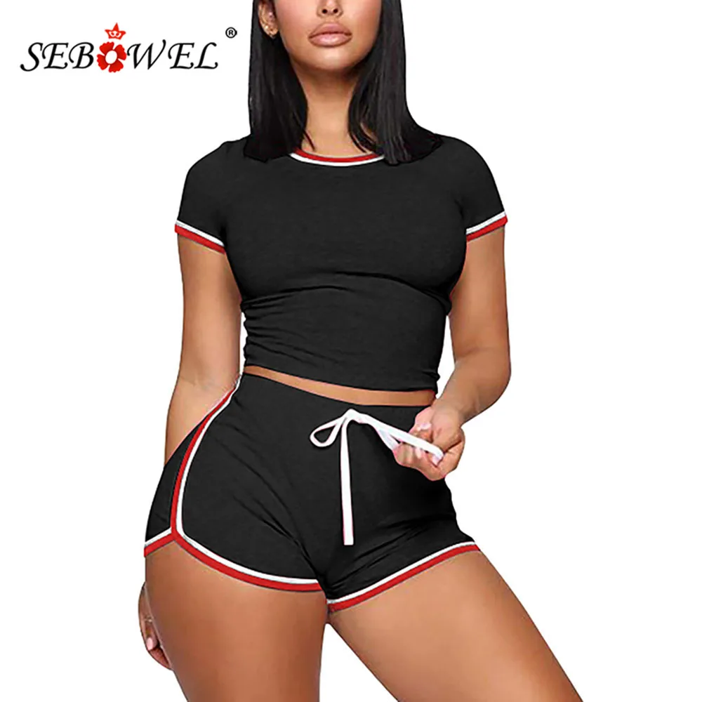 SEBOWEL Casual Female Stitching Sports Suit Summer Woman Sets Cropped Tops + Drawstring Shorts Two Piece Tracksuit Outfits S-XXL |