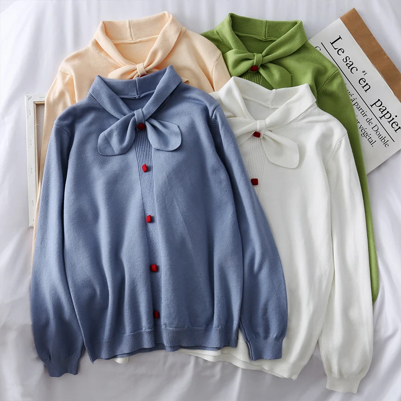 

Sweater Women Kawaii Scarf Collar Buttons Girls Sweet All-match Simple Casual Soft High Quality Womens Pullover Ulzzang Korean