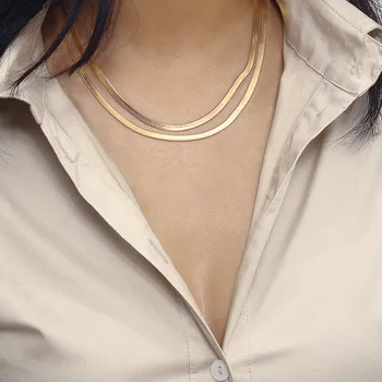 

Women Punk Simple Flat Blade Snake Chain Necklace Double Layer Lobster Buckle Gold Choker for Female Girl Statement Jewelry Gift
