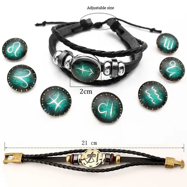 2pcs/set 12 Constellation Bracelets Luminous Charm Leather Bracelet Zodiac Horoscope Braided Bangle Men Women Jewelry Wrist Gift 3