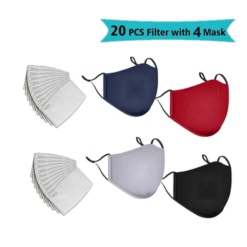 

4pcs Mask +20Filter Washable Mask Mouth Face Mask Anti PM2.5 Dust Mouth Mask Activated Carbon Filter Fabric Cotton Mask 5 Colors
