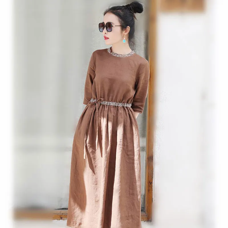 

2021 Spring Summer Arts Style Women Half Sleeve Loose O-neck Long Dress All-matched Casual High Waist Cotton Linen Dresses A10