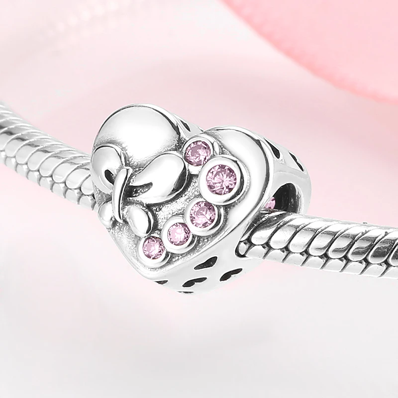 Модные 925 пробы серебряные, розовые циркониевые бусины в форме сердца с бантом, очаровательные браслеты, подходящие к оригиналу Pandora, серебряные 925 ювелирные изделия, подарки