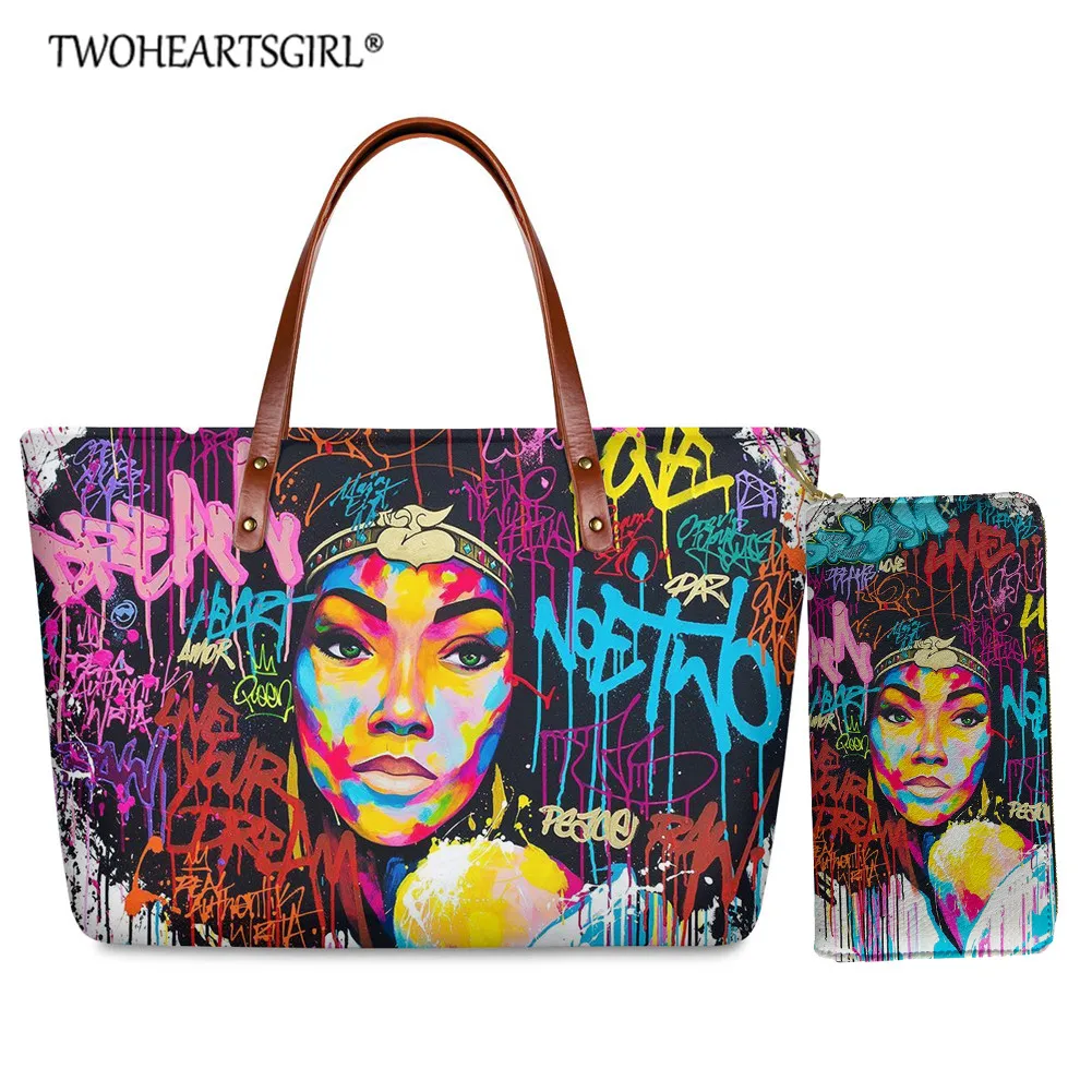 

TWOHEARTSGIRL 2pcs Tote Bags Shoulder Bag Afro Art African Girl Printed Women Handbags Luxury Top-handle Bag with Long PU Wallet