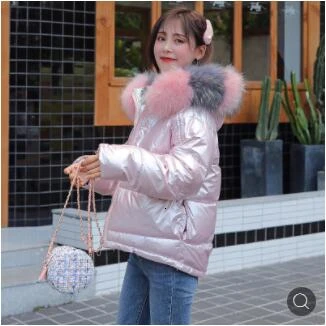 Pink Брендовые женские глянцевые пуховые парки, пальто, зимняя женская куртка с капюшоном и большим меховым воротником, пуховик на белом утином пуху, водонепроницаемая зимняя верхняя одежда LK043 - Цвет: Pink