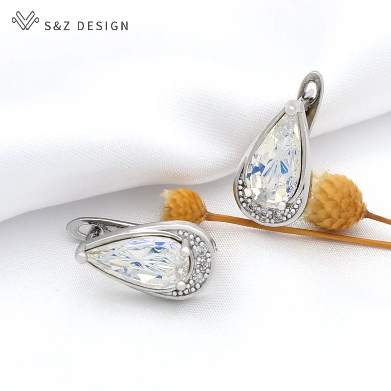 S&Z DESIGN New Colorful Water Drop Crystal Dangle Earrings Rose Gold Color Cubic Zirconia Eardrop For Women Wedding Jewelry Gift