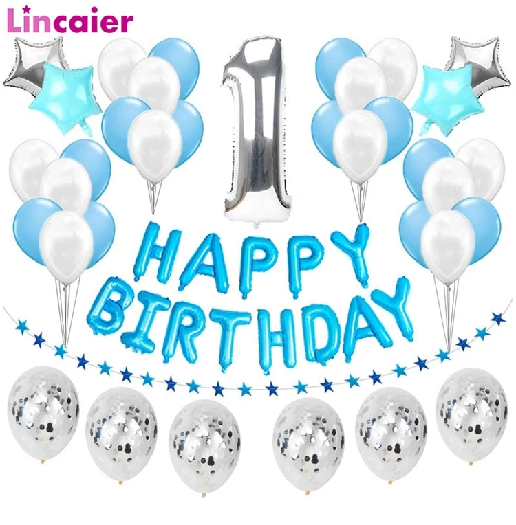 Первый день рождения мальчик вечерние голубые серебряные конфетти воздушные Шары Баннер 1-й декорации с днем рождения ребенок мой 1 год Декор ко дню рождения
