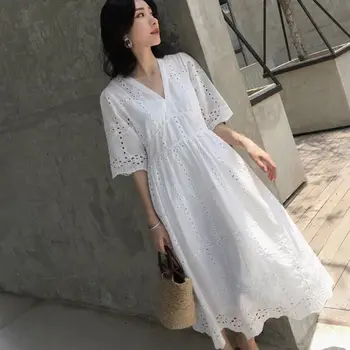 

822# Summer Korean Fashion White Cotton Maternity Dress Elegant Hollow Out Slim Clothes for Pregnant Women Pregnancy Clothing