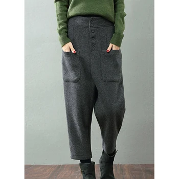 

2019 Autumn Winter Women Casual Loose High Waist Woolen Pants All-Match Wool Harem Pants Grey Trousers