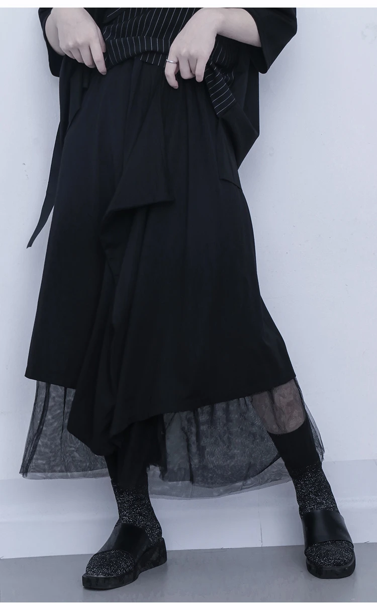 Gothic Black Mesh Patchwork Women Skirt Middle Calf A Line Skirts Female