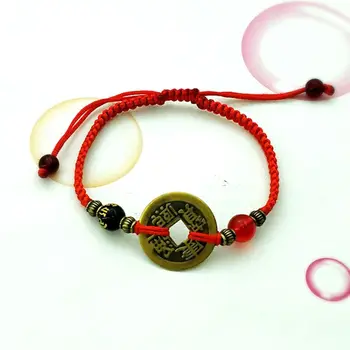 

Buddhism Six Words Ancient Coin Kabbalah Red String Bracelet Evil Eye Protection