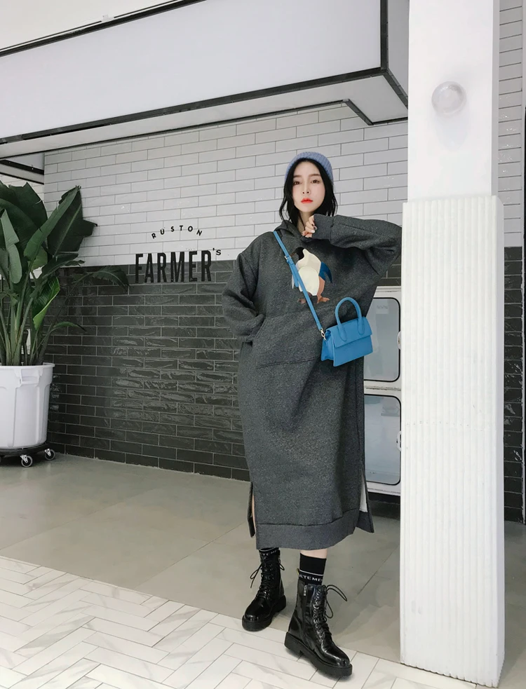 Осенне-зимний женский с капюшоном платье повседневное свободное с карманом флисовое длинное платье пуловер синий серый пингвин теплый свитер женские платья