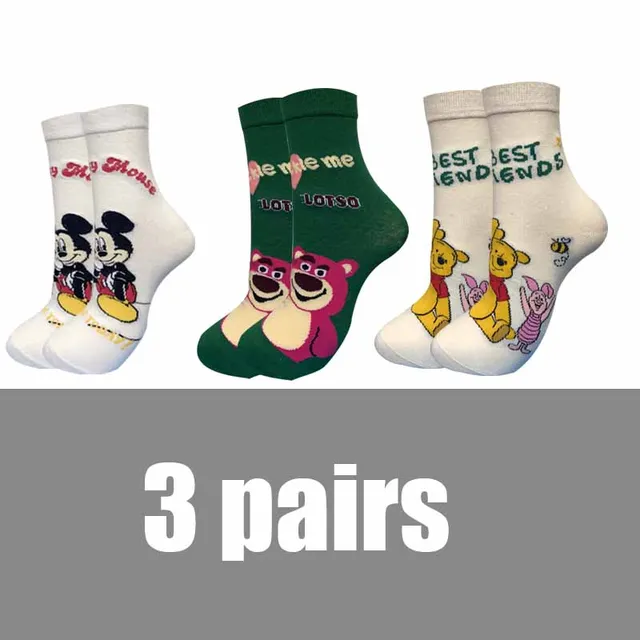 3 Pairs Casual Korea Women socks Cute Kawaii long socks Cartoon Mickey Minnie Donald Winnie Cotton socks girl socks Size 35-42 Army Green