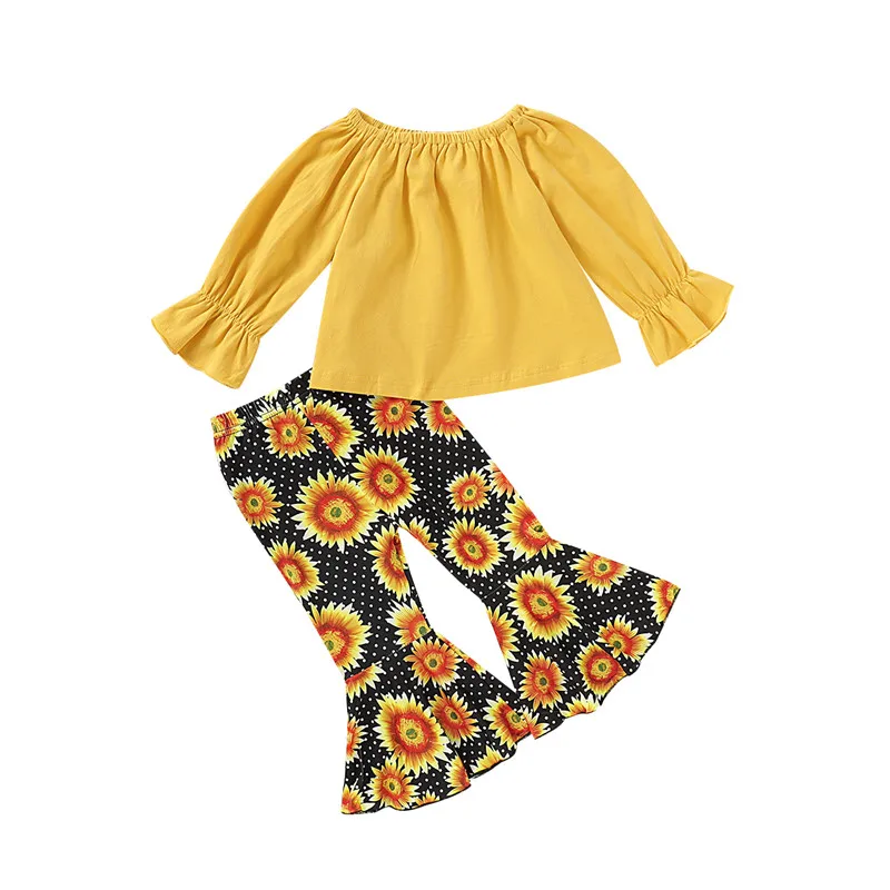CANIS children's sets Toddler Kids Baby Girl Autumn Outfit Set Tops and long Floral Pants set 2pcs sunflowers printed Clothes | Детская