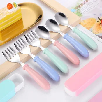 

Infants Feeding Tableware 304 Stainless Steel Children Spoon Fork Plastic Handle Baby Food Supplement Tool Boxed