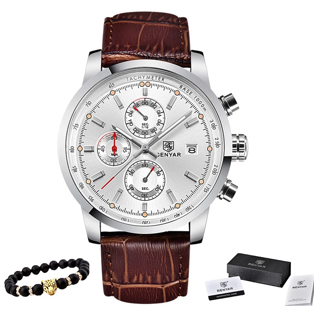BENYAR новые часы мужские военные Роскошные Лидирующий бренд кварцевые Бизнес Мужские часы модные хронограф кожаные часы Relogio Masculino - Цвет: Brown white