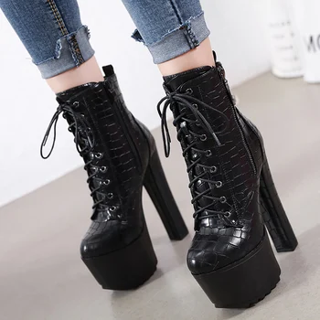 

Winter for woman Fashion New Sexy Pointed toe Pure color Platform Zipper Clear heels Cross tied Block heels ankle boots 34-40