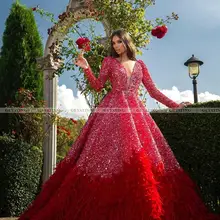 Роскошное бальное платье с красными перьями, Дубай, платья для выпускного вечера, длинный рукав, v-образный вырез, открытая спина, арабское официальное платье, элегантное женское вечернее платье