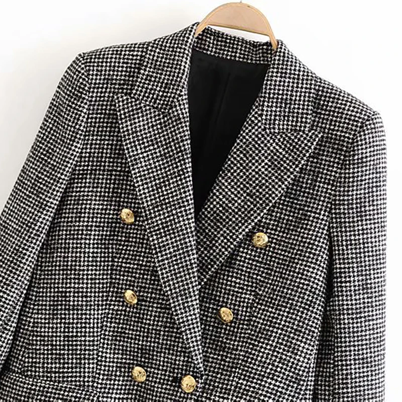 Goedkoop Elegante Vrouwen Tweed Plaid Blazers Pakken Gekerfd Nek Houndstooth Jas Double Breasted Zakken Mode Jas Vrouwelijke Chaquetas
