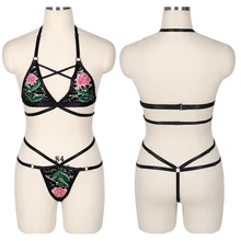 Кружевной комплект с цветами, в стиле панк, готика, Хэллоуин, сексуальное женское белье, для тела, бандаж, упругие ремни, клетка, бюстгальтер, свадебный пояс для ног