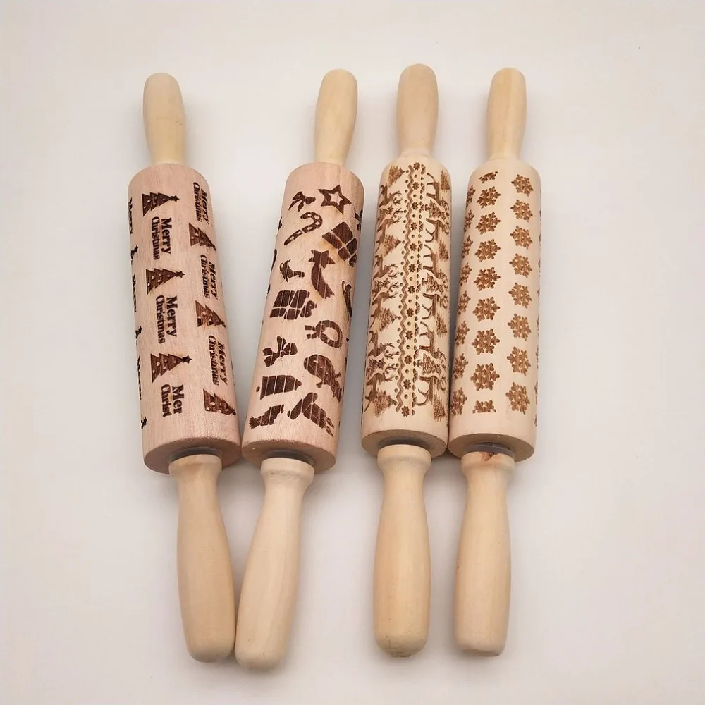 

Christmas Print Wooden Rolling Pin Fondant Cake Decoration Dough Roller Baking Cooking Tool Kitchen Gadgets Accessories