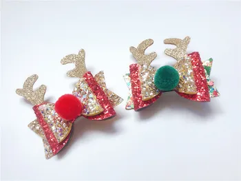 

Retail ins Fashion Glitter Reindeer Ears Bowknot Hair Clips Solid Pom Pom Bow Hairpins XMAS Headwear Boutique Hair Accessories