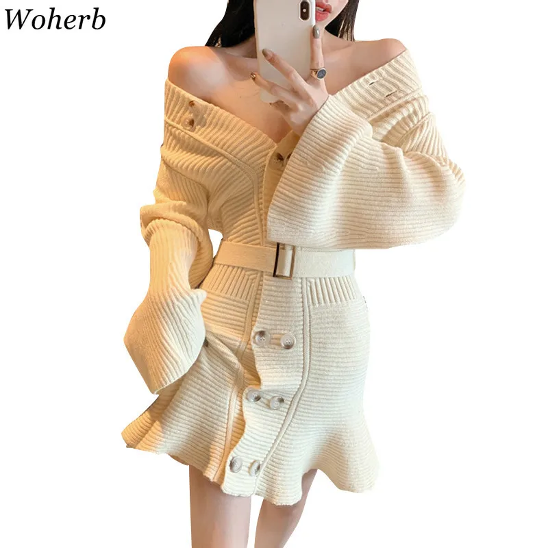 Woherb корейское сексуальное платье-свитер с v-образным вырезом и длинными расклешенными рукавами, одноцветное двубортное вязаное облегающее платье, корейская мода, новинка 91178