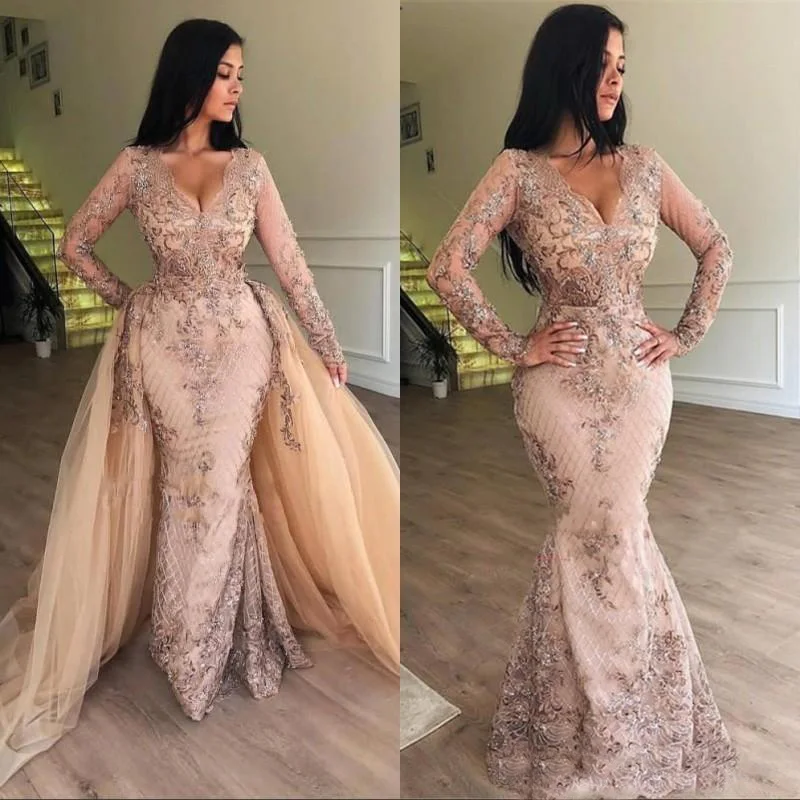 Съемная юбка розового цвета русалка платье для выпускного вечера Vestido de noiva V образным вырезом современный с длинным рукавом Женские вечерние платья