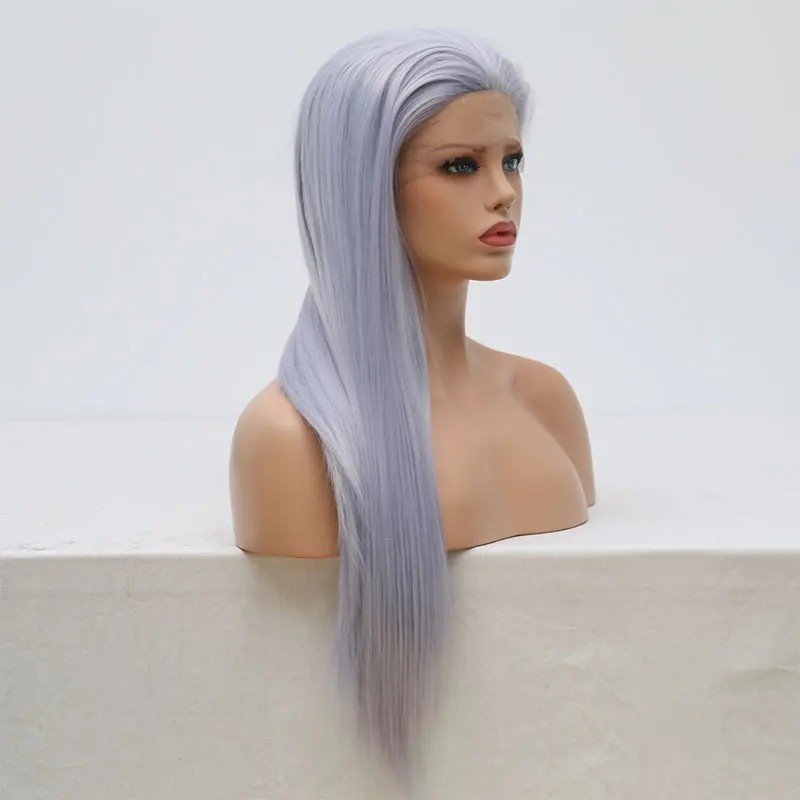 BM Straight Synthetic 13*4 Lace Front Wig Light Blue Grey Heat Resistant Fiber Hair Natural Hairline Free Parting For Women Wigs